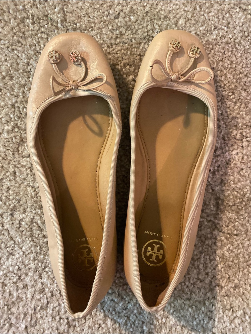 Tory Burch Blush Pink Leather Ballet Flats with Logo Charm